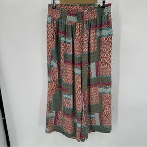 Rose + Olive Wide Leg Crop Palazzo Pants 1X Womens Pull On Patchwork Boho Flows